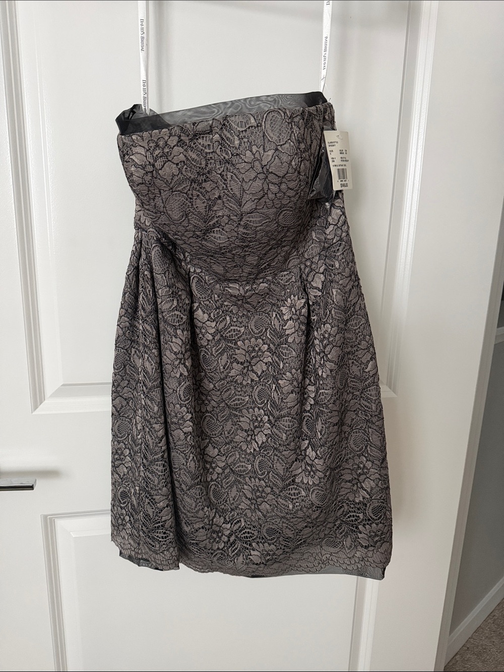 David's Bridal Strapless Lace Mini Dress - Gray
